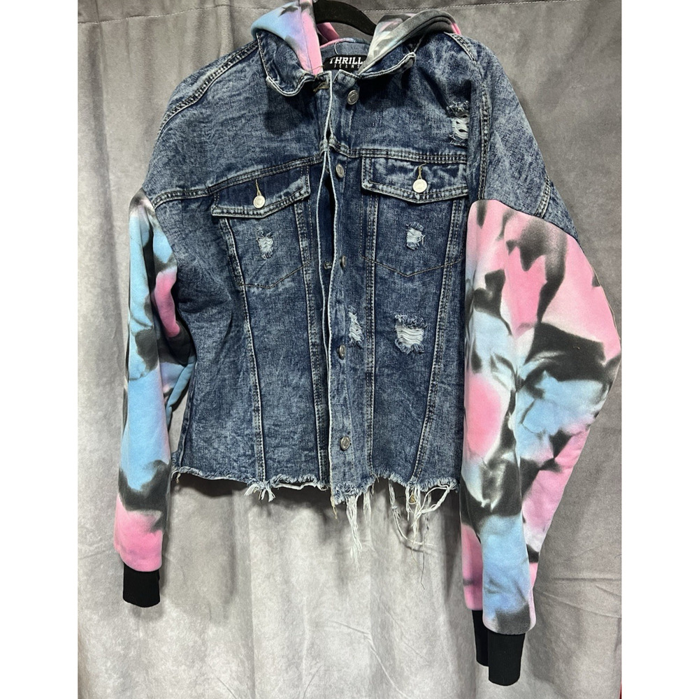 Thrill Jeans Women SZ(XL) Ripped Style Denim Jacket Button Hoodie Tye Dye